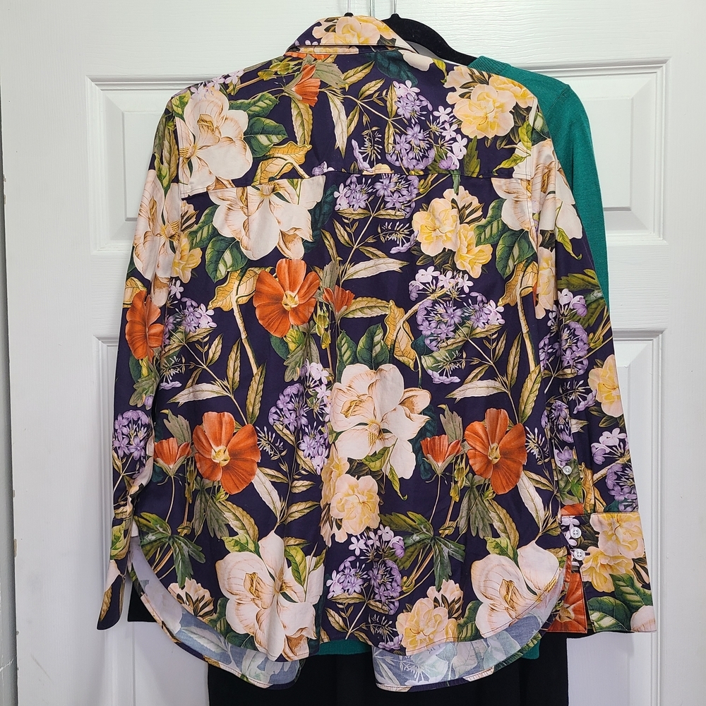 Chico's Vibrant Floral Button Down‎ Shirt - Purple, Orange, Cream - Picture 2 of 7